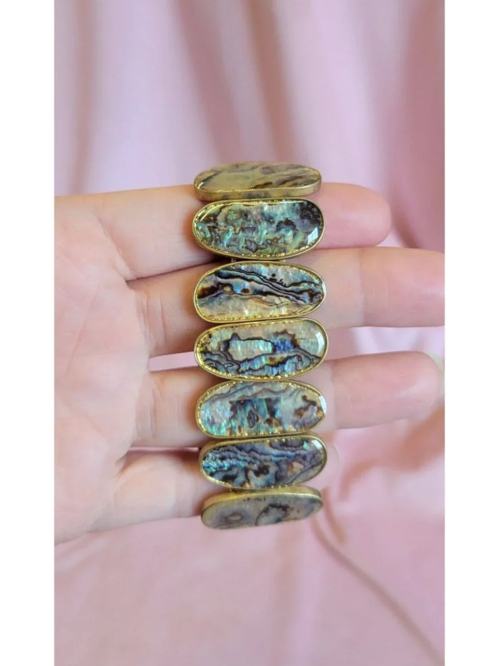 Signed Rosa Flores Gold Tone Blue Abalone Shell Stretchy Statement Bracelet B1A